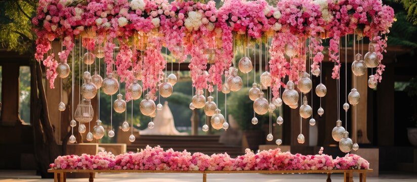 In awe of the womans impeccable taste, she meticulously assembled a stunning floral design, using vibrant summer blooms to create a picturesque frame for the idyllic wedding ceremony held amidst