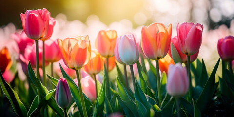 showcasing a wonderland of tulips in different shades, creating a visually captivating spring-themed background. - obrazy, fototapety, plakaty