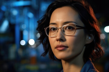 Woman with glasses looking directly at camera. This image can be used for various purposes