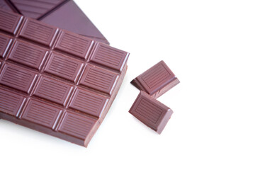 Milk chocolate, studio candy and cacao sweets for delicious swiss bar, wellness and dark cocoa grid slab, tasty dessert or snack. Junk food, sugar treat and luxury premium product on white background