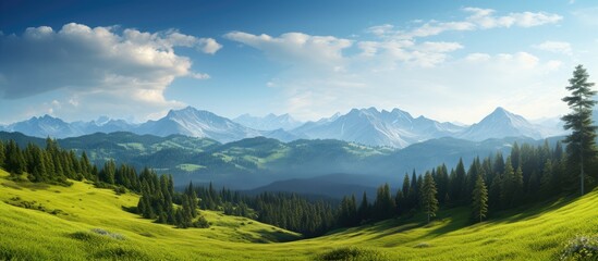 The breathtaking beauty of the summer landscape is enhanced by the lush green trees that dominate the forest background, while the blue sky above and the majestic mountains distance create a - Powered by Adobe