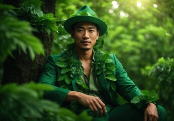 Asian men sit in top of tree, wearing green leaf costume and hat, tree on the background