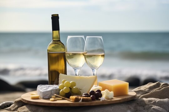 Picnic with two wineglasses with white wine and bottle, bread, cheese, grapes on beautiful sea sand beach.