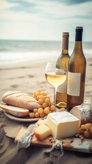 Naklejka premium Picnic with two wineglasses with white wine and bottle, bread, cheese, grapes on beautiful sea sand beach.