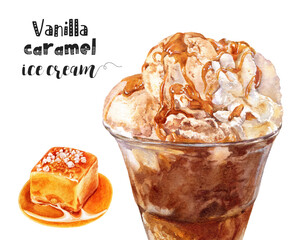 Watercolor illustration of vanilla caramel ice cream dessert close up. Design template for packaging, menu, postcards.