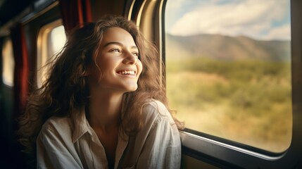 Fototapeta na wymiar Happy smiling woman looks out of the window traveling by train on with AI