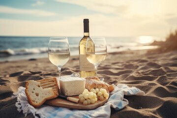 Picnic with two wineglasses with white wine and bottle, bread, cheese, grapes on beautiful sea sand beach. - obrazy, fototapety, plakaty