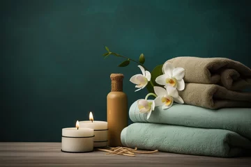 Poster Spa Towel on fern with candles and black hot stone on wooden background. Beauty spa