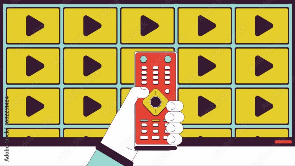 Poster streaming media on tv line cartoon animation. push button remote control 4k video motion graphic. sc