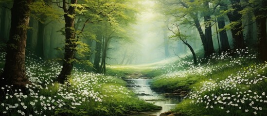 Obraz premium In the midst of summer, the lush green forest came alive with an array of beautiful wild flowers, painting a mesmerizing natural outdoor scene.