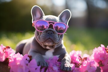 Grey French Bulldog puppy in pink sunglasses and pink flowers