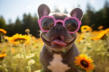 Adorable Grey French Bulldog Puppy Wearing Pink Sunglasses amidst Yellow Flowers