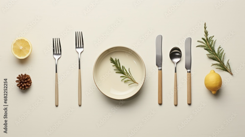 Poster a white plate topped with a knife and fork next to a lemon and a knife and fork next to a knife and 