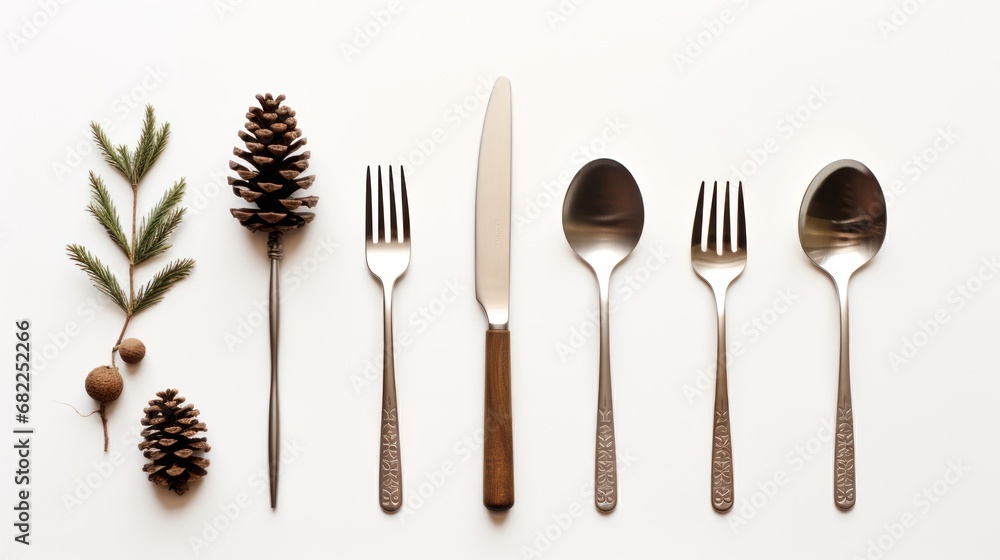 Poster a group of forks, spoons, and spoons sitting next to a pine cone with a pine cone on top of it and a