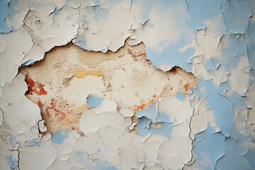 Ruined Wall with Peeling Paint, Cracks, and a Visible Hole - Urban Decay Decor Concept. - obrazy, fototapety, plakaty