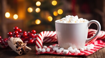 Obraz na płótnie Canvas a cup of hot cocoa with marshmallows and a candy cane,