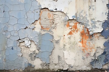 A worn out wall with peeling paint, cracks