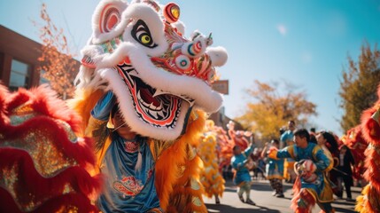 A colorful parade featuring dragon dancers, lion dancers