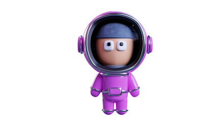 Cartoon man in a pink space suit, astronaut front view, transparent background. 3D rendering.