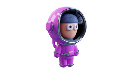 Cartoon man in a pink space suit, astronaut side view, transparent background. 3D rendering.