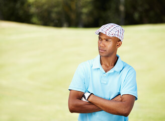 Crossed arms, sports and man golfer thinking with confident, good and positive attitude on field. Happy, fitness and African male athlete or player on an outdoor course for tournament or competition.