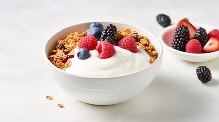 A bowl of Greek yogurt topped with granola, mixed berries, and a drizzle of honey - Powered by Adobe
