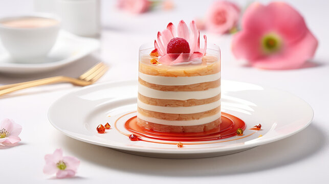 Yummy composition with sweet marzipan dessert. Sweet marzipan cake, delicious treat, picture for restaurant or cafe menu.