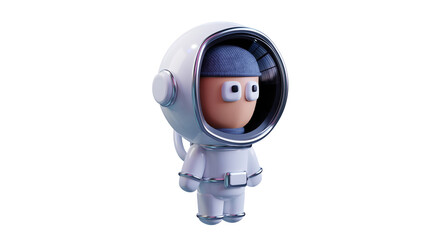 Cartoon man in a white space suit, astronaut side view, transparent background. 3D rendering.