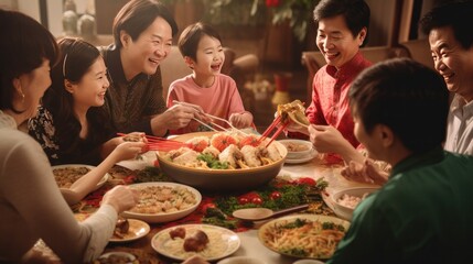 A family gathered around a table, enjoying a traditional Chinese New Year feast featuring dumplings