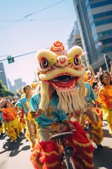 A colorful parade featuring dragon dancers, lion dancers