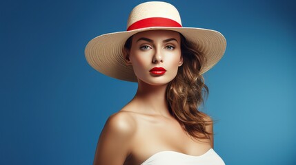 Photography of attractive woman wearing red lipstick, white swimsuit and straw hat, isolated on blue background with AI