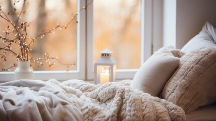 A cozy bed with fluffy blankets and pillows is visible in a warm and inviting bedroom - obrazy, fototapety, plakaty
