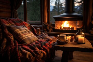 Fototapeta premium A cozy cabin interior with a roaring fireplace, soft blankets, and a hot cup of tea