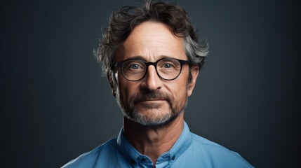 Fototapeta premium Portrait of smiling caucasian American man wearing blue on blue background and looking at camera, copy space