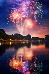 view of fireworks lighting up the sky above a river, with the reflection of the colors on the water - obrazy, fototapety, plakaty