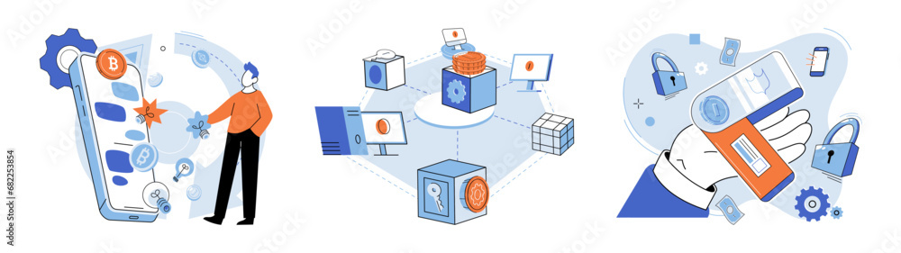 Poster crypto wallet vector illustration. nfts are stored in digital wallets as unique digital assets the u