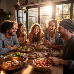 A group of friends gather around a breakfast table, enjoying a warm and hearty meal together - obrazy, fototapety, plakaty
