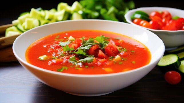light and refreshing gazpacho soup with bright red tomatoes, crisp cucumbers, and of olive oil