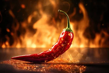 Fotobehang Hete pepers Red chili pepper close-up in a burning flame on a black