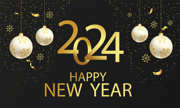 Vector happy new year 2024 greeting card with balls and golden text on black background
