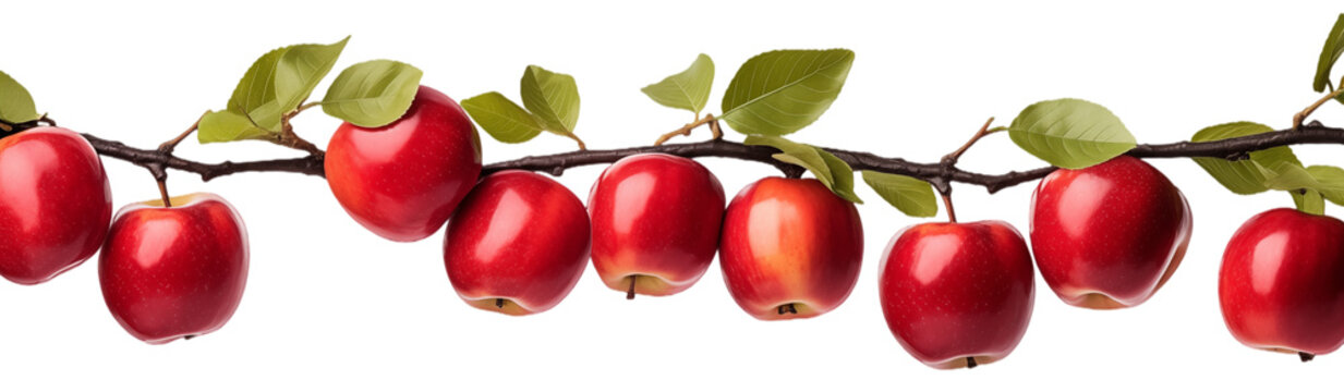 Red apples hanging on a tree branch isolated on a white background, decorative element for design