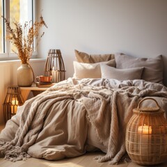 A cozy bed with fluffy blankets and pillows is visible in a warm and inviting bedroom