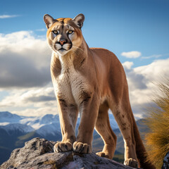 Obraz premium The puma stands proudly in Patagonia. detailed. cinematic. Unusual background. Beautiful nature.