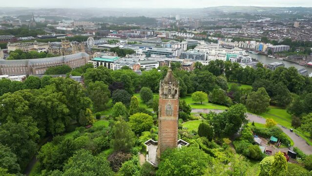 Aerial shot of Cabot Tower in Bristol city, England, United Kingdom