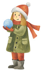 The girl is holding a snow globe in her hands. Children's watercolor illustration on a white background. Winter scene