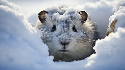 A lemming looking around in the white snow of the tundra with only its face exposed. - obrazy, fototapety, plakaty