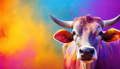 Cow in paint on bright background , happy holi indian concept - obrazy, fototapety, plakaty