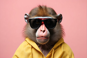 Creative animal concept, Mandrill in sunglasses, solid pink pastel background, commercial, editorial advertisement. Very funny portrait