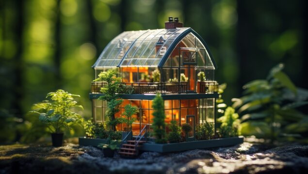 A Tiny Glass House Containing a Delicate and Intricate Miniature Home