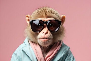 Snow monkey in sunglasses, Creative animal concept, solid pink pastel background, commercial, editorial advertisement. Very funny portrait